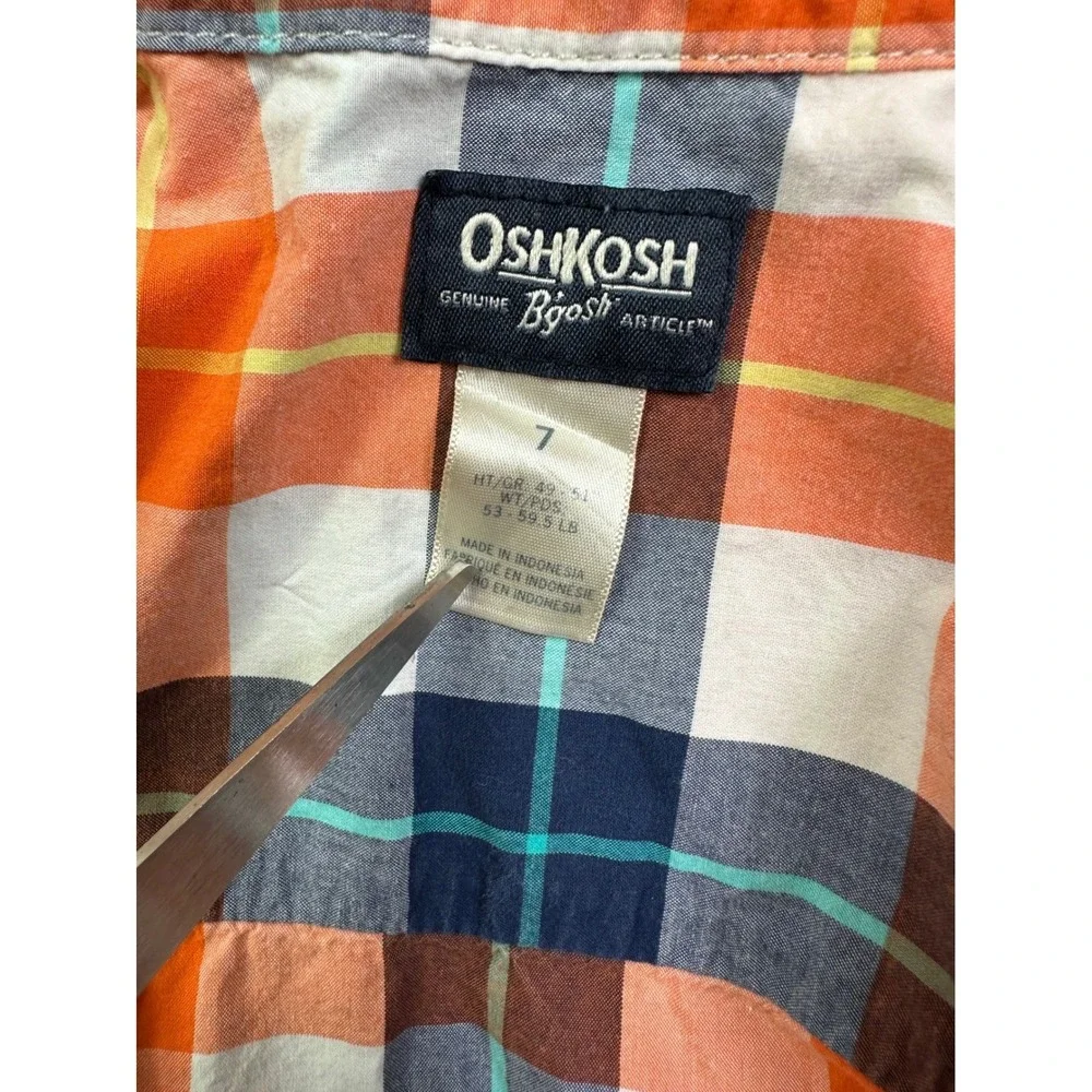 OshKosh Bgosh Boys Orange Navy Blue Plaid Button Down Shirt Size 7 Long Sleeve